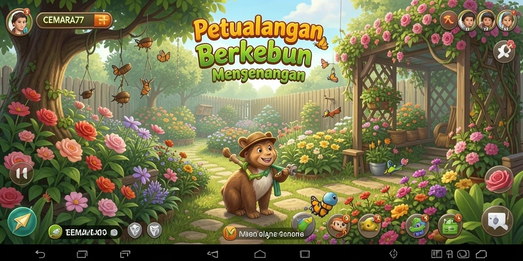 Tangkapan layar gameplay CEMARA77 menampilkan kebun yang subur dan buruh tani yang sibuk.