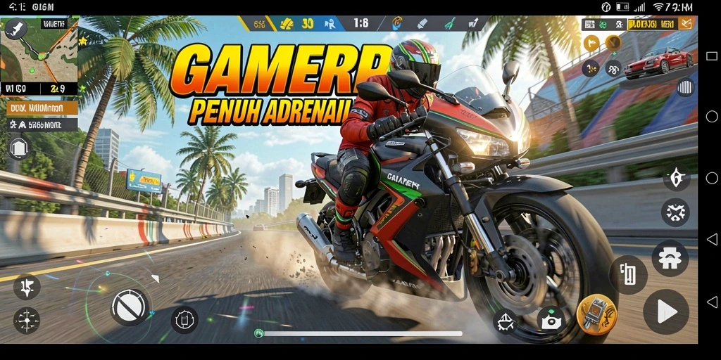 Screenshot GAMERP menampilkan aksi balapan motor yang mendebarkan.