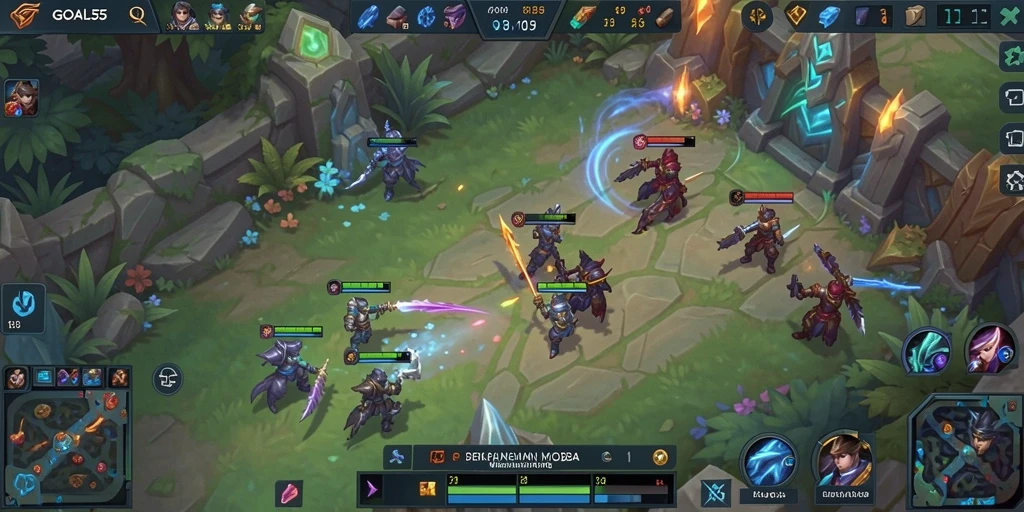 Screenshot gameplay <strong>GOAL55</strong> menampilkan pertempuran MOBA yang intens.