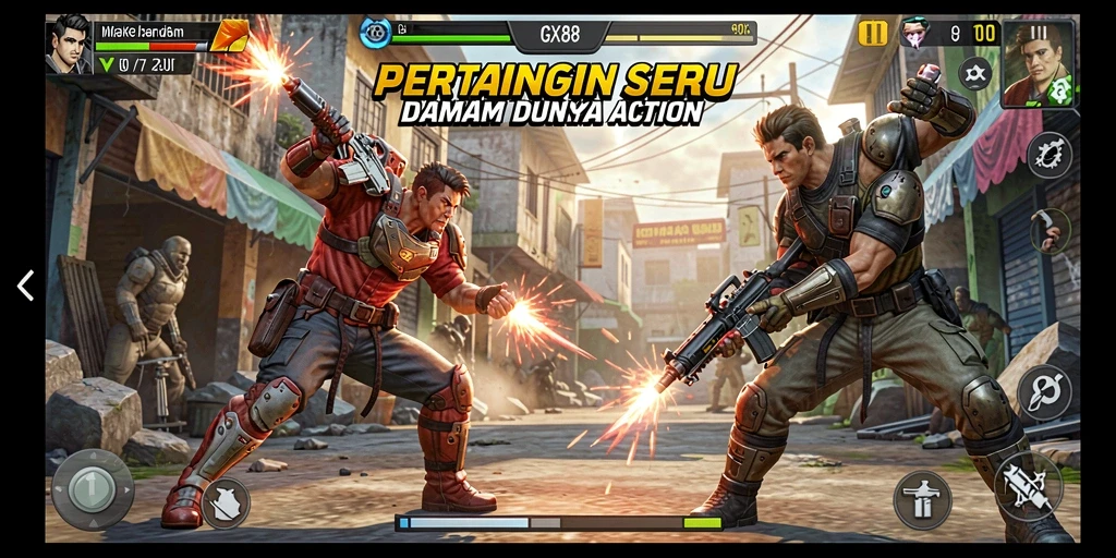 Screenshot utama GX88 menunjukkan aksi pertempuran yang seru dan dinamis.