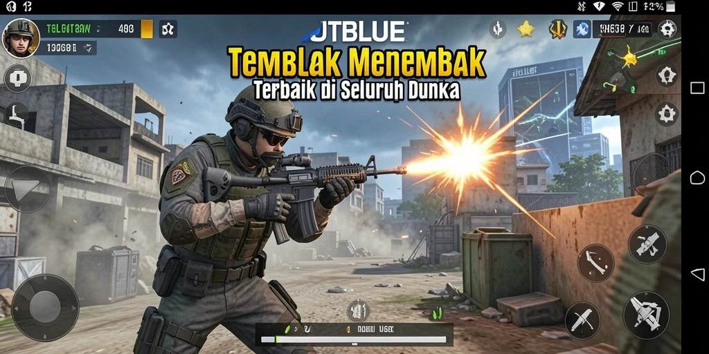 Gameplay seru JTBLUE saat pemain bertempur di peta yang mendebarkan.