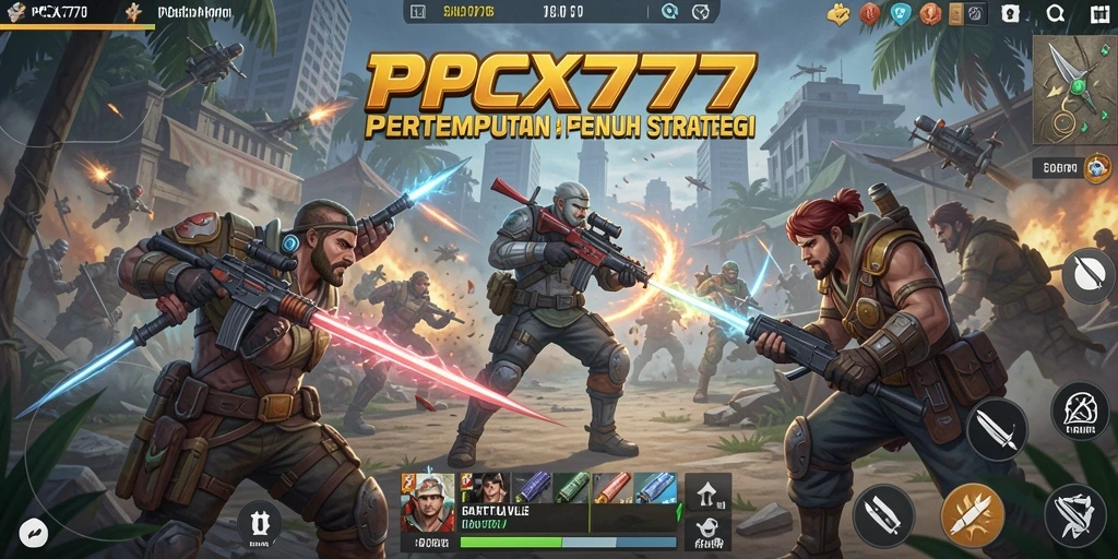 Screenshot utama PCX777 menunjukkan aksi pertempuran intens di medan perang Battle Royale.