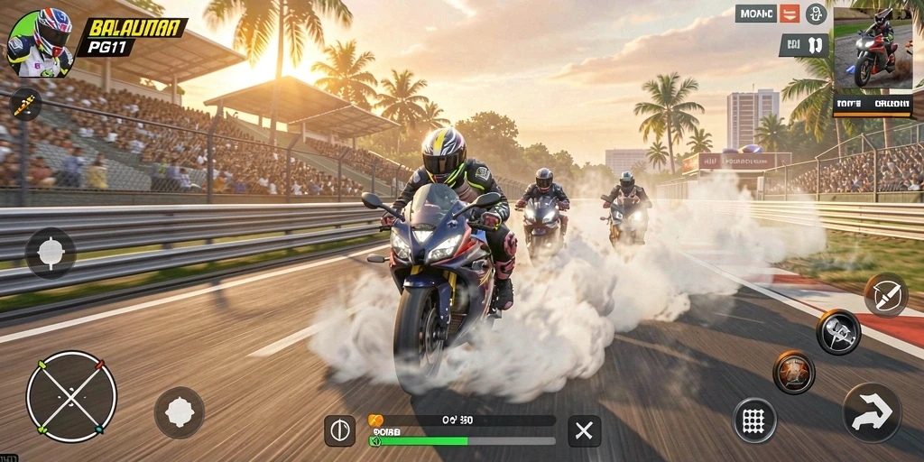 Screenshot PG11 menampilkan aksi balapan motor yang intens dan penuh kecepatan.