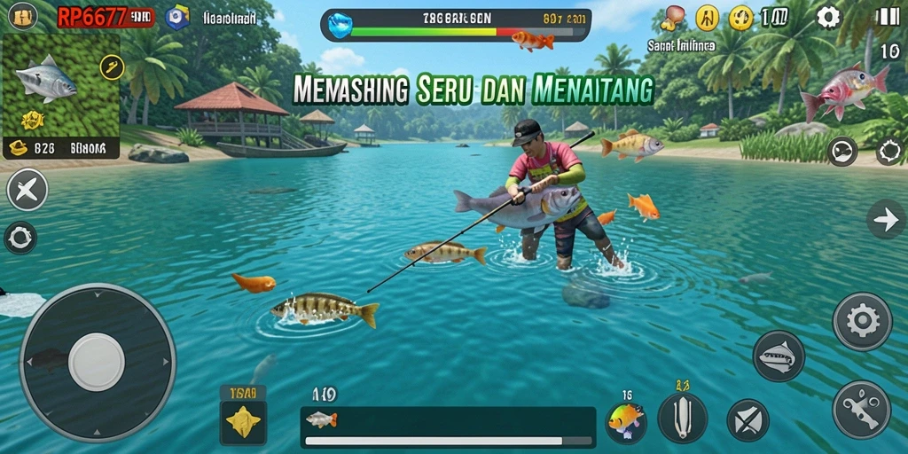 Screenshot RP6677 menunjukkan pemain sedang memancing di danau yang indah.